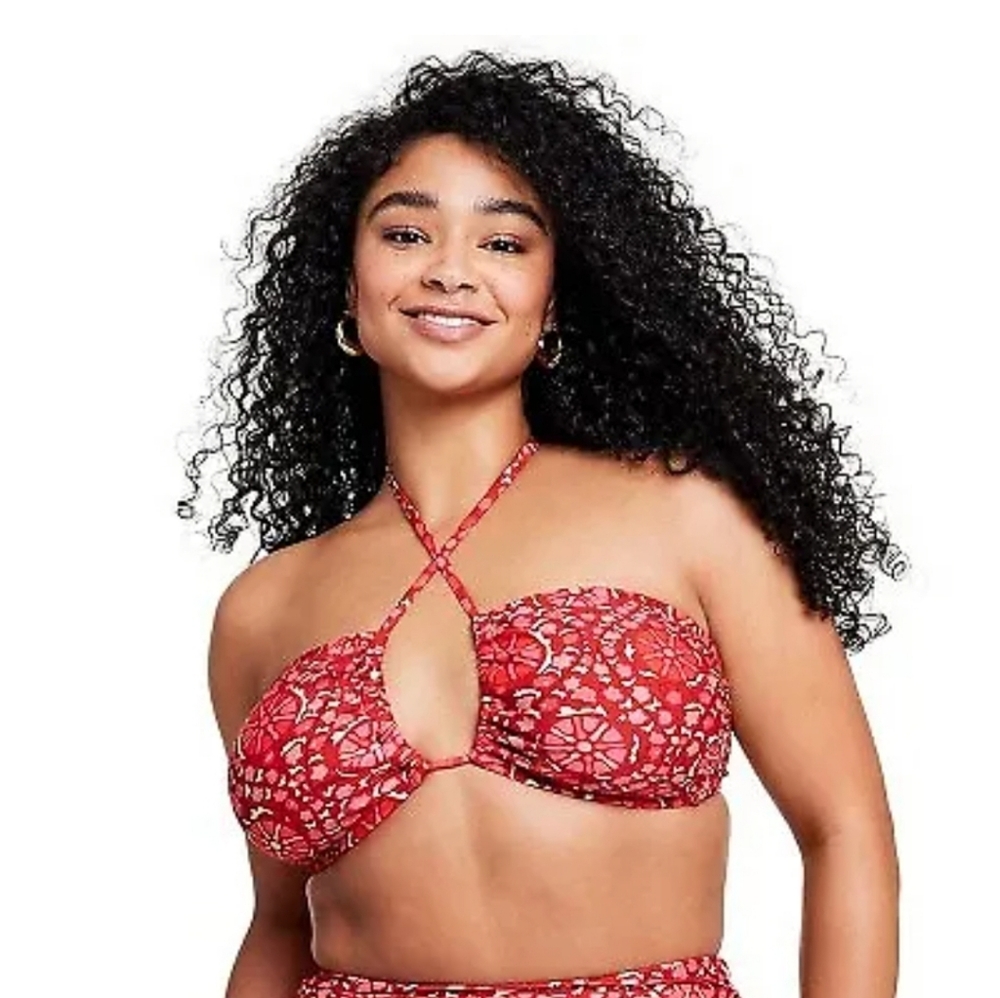 Women's RHODE Zinnia Floral Print Bandeau Halter Bikini Top Red Size XL(16) NWT